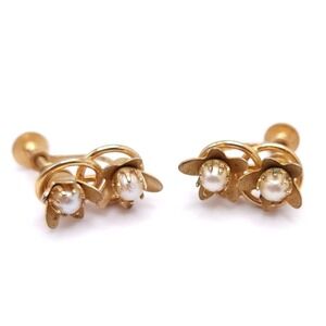 Gold Tone Faux Pearl Floral Earrings Vintage 1950s Screw Back